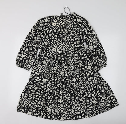 Primark Womens Black Geometric Polyester Skater Dress  Size 4  V-Neck
