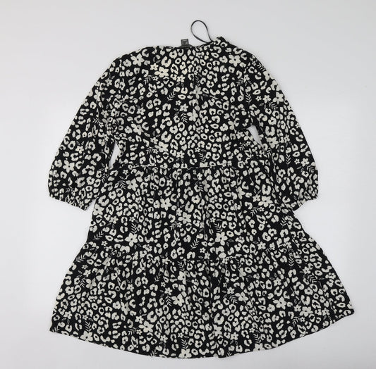 Primark Womens Black Geometric Polyester Skater Dress  Size 4  V-Neck