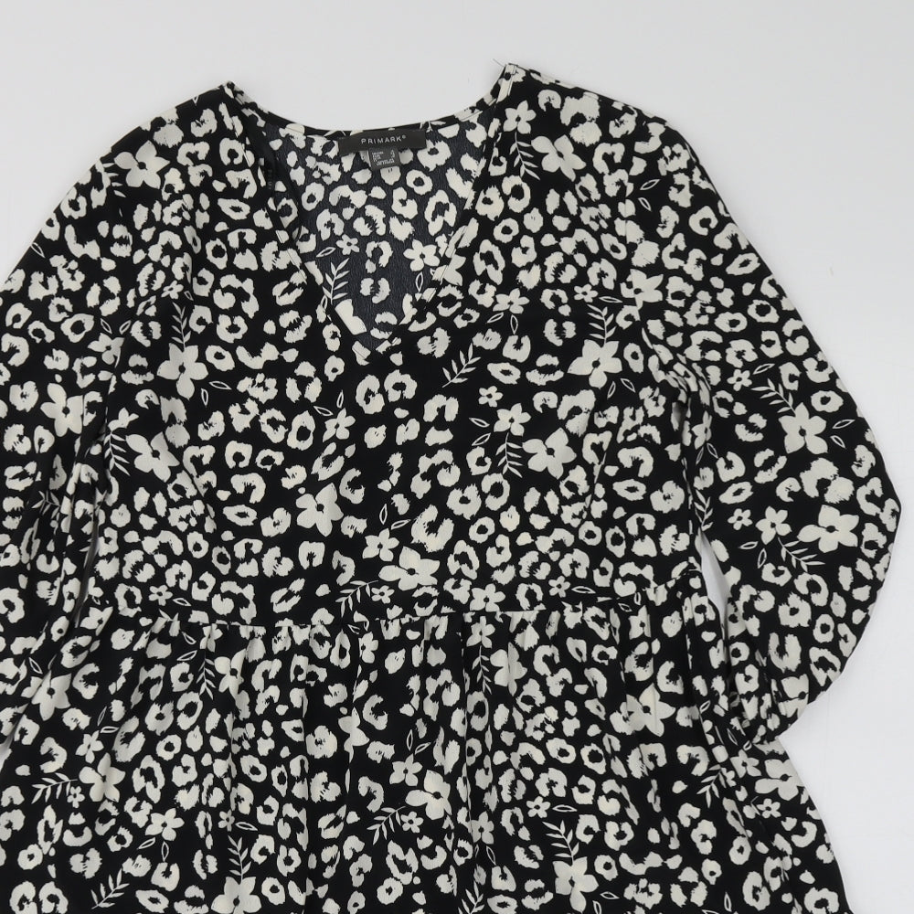 Primark Womens Black Geometric Polyester Skater Dress  Size 4  V-Neck