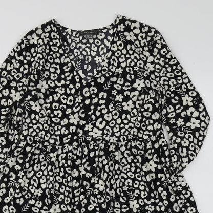 Primark Womens Black Geometric Polyester Skater Dress  Size 4  V-Neck