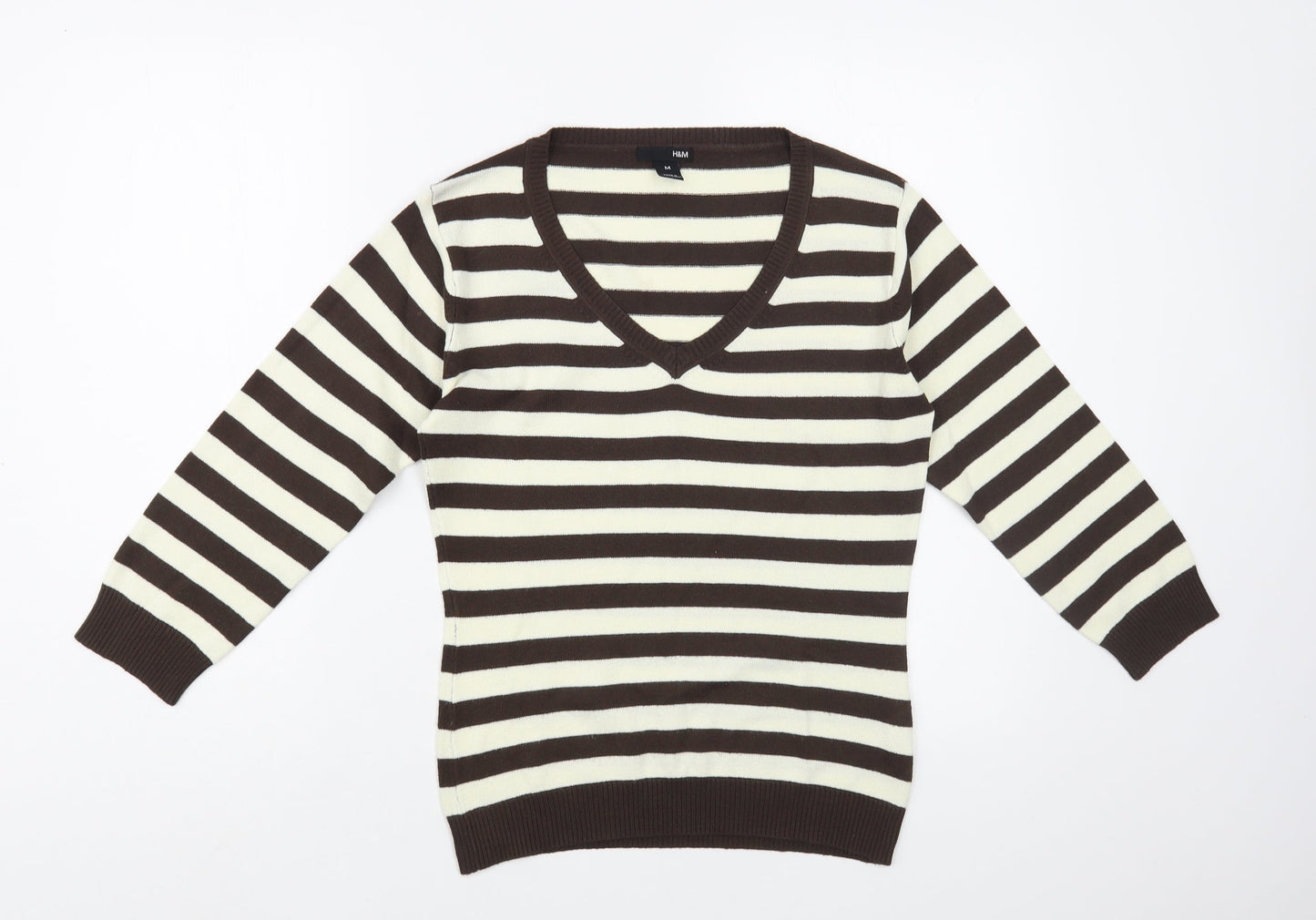 H&M Womens Ivory V-Neck Striped Acrylic Pullover Jumper Size M