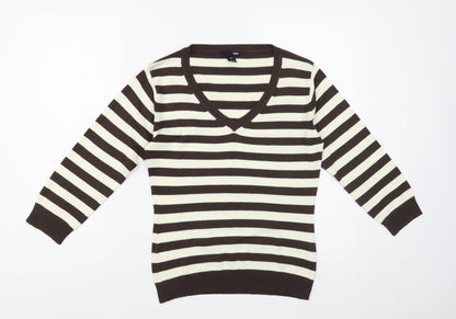 H&M Womens Ivory V-Neck Striped Acrylic Pullover Jumper Size M