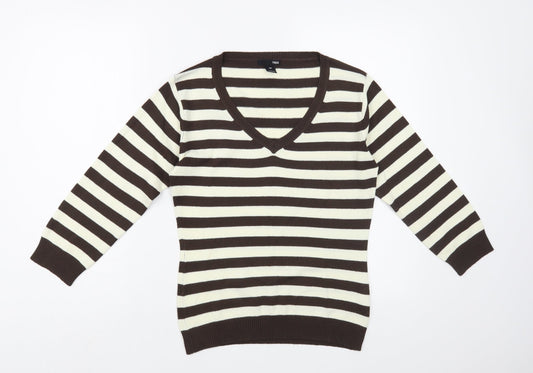 H&M Womens Ivory V-Neck Striped Acrylic Pullover Jumper Size M