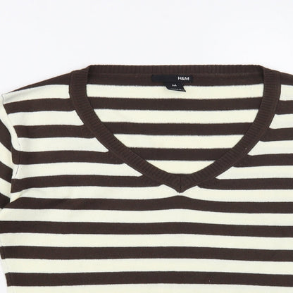 H&M Womens Ivory V-Neck Striped Acrylic Pullover Jumper Size M