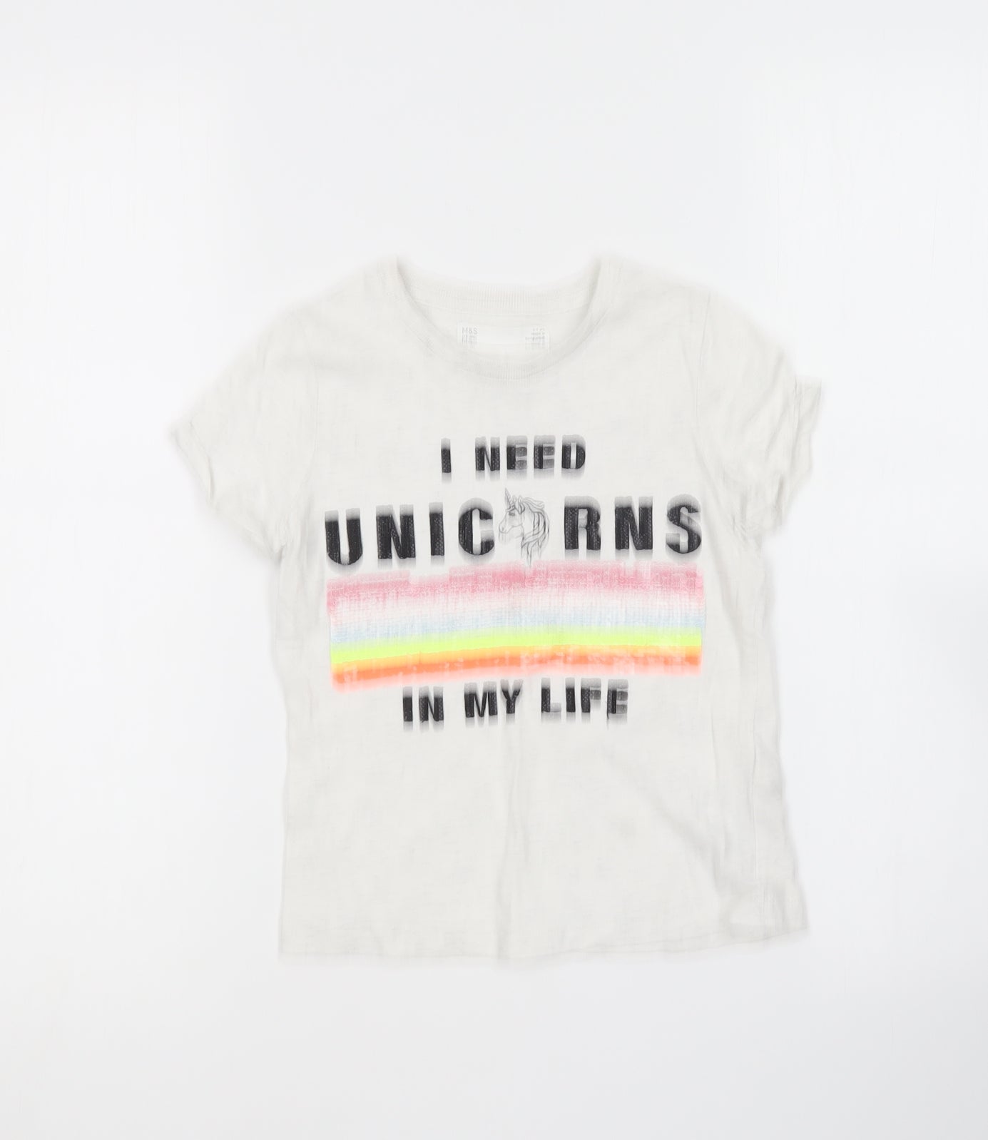 Marks and Spencer Girls White Cotton Basic T-Shirt Size 6-7 Years Round Neck - Unicorn