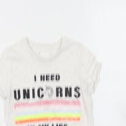 Marks and Spencer Girls White Cotton Basic T-Shirt Size 6-7 Years Round Neck - Unicorn