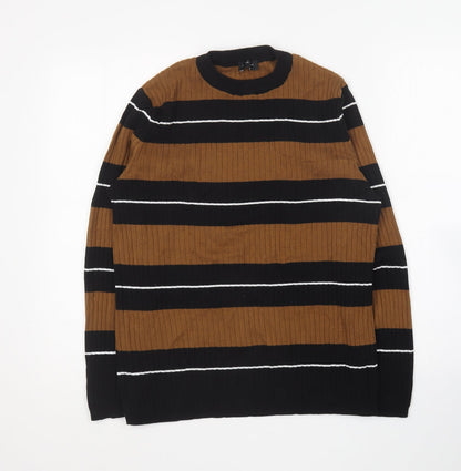 New Look Mens Brown Round Neck Striped Cotton Pullover Jumper Size S