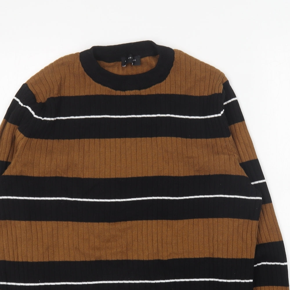 New Look Mens Brown Round Neck Striped Cotton Pullover Jumper Size S