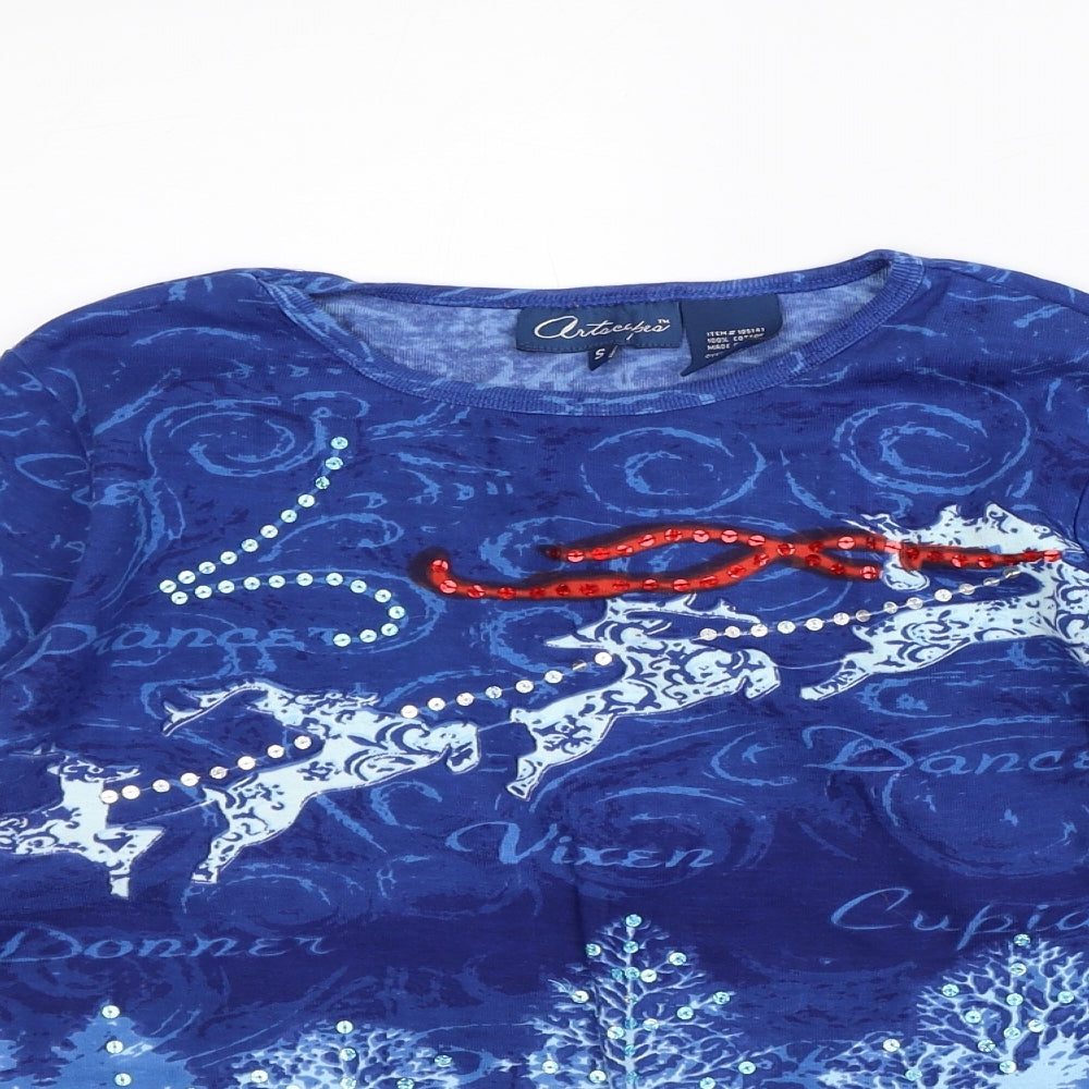 Artacapea Womens Blue Geometric 100% Cotton Pullover Sweatshirt Size S - reindeer