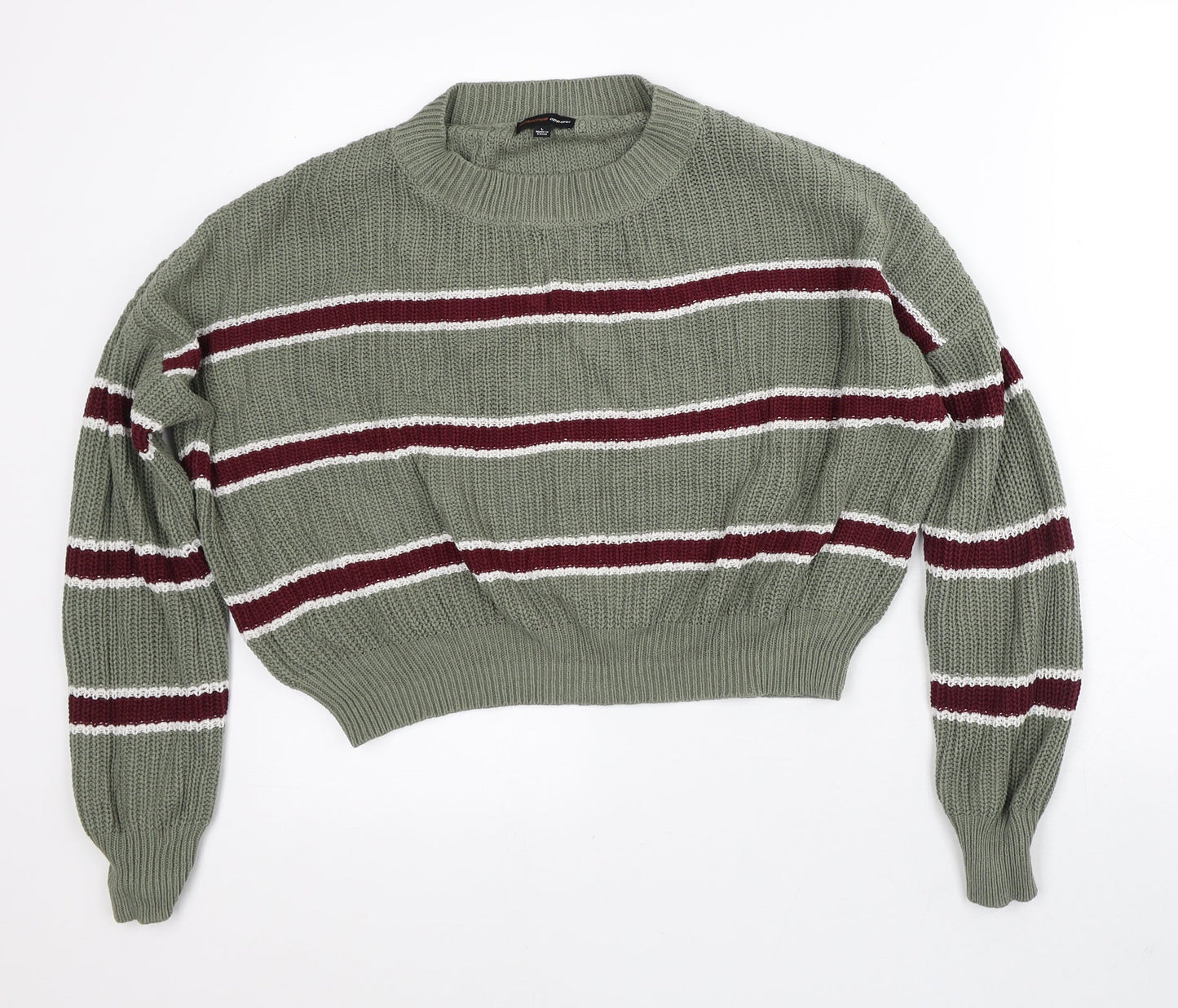 Ambiance Apparel Womens Green Mock Neck Striped Cotton Pullover Jumper Size L - Cropped