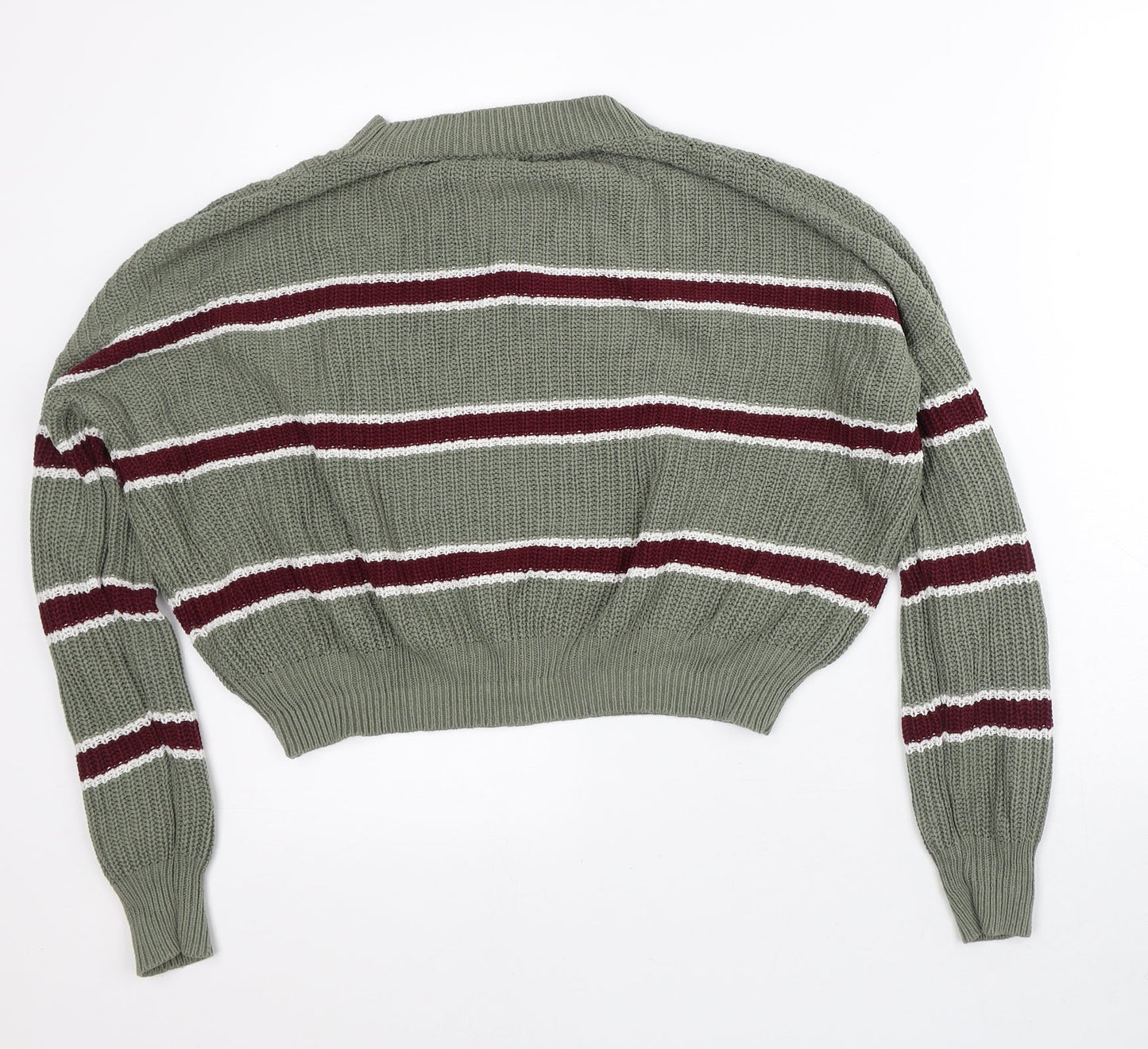 Ambiance Apparel Womens Green Mock Neck Striped Cotton Pullover Jumper Size L - Cropped