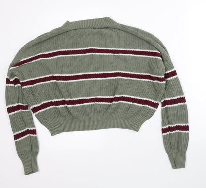 Ambiance Apparel Womens Green Mock Neck Striped Cotton Pullover Jumper Size L - Cropped