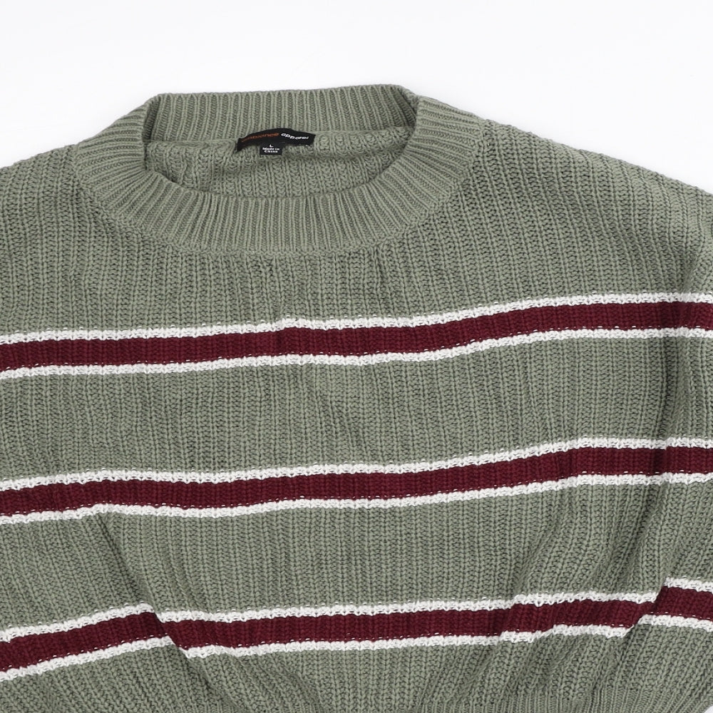 Ambiance Apparel Womens Green Mock Neck Striped Cotton Pullover Jumper Size L - Cropped