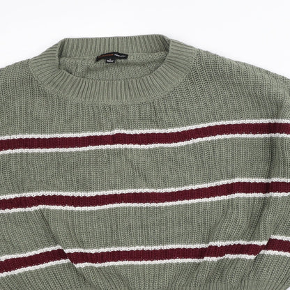 Ambiance Apparel Womens Green Mock Neck Striped Cotton Pullover Jumper Size L - Cropped