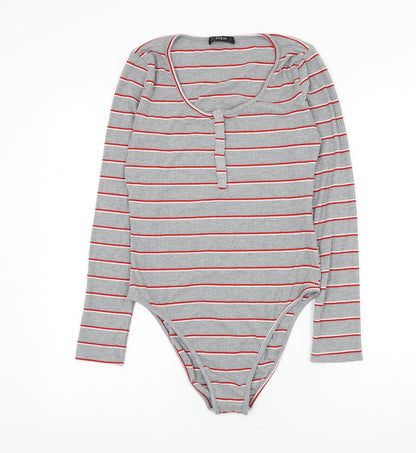 SheIn Womens Grey Striped Cotton Bodysuit One-Piece Size M Hook & Loop