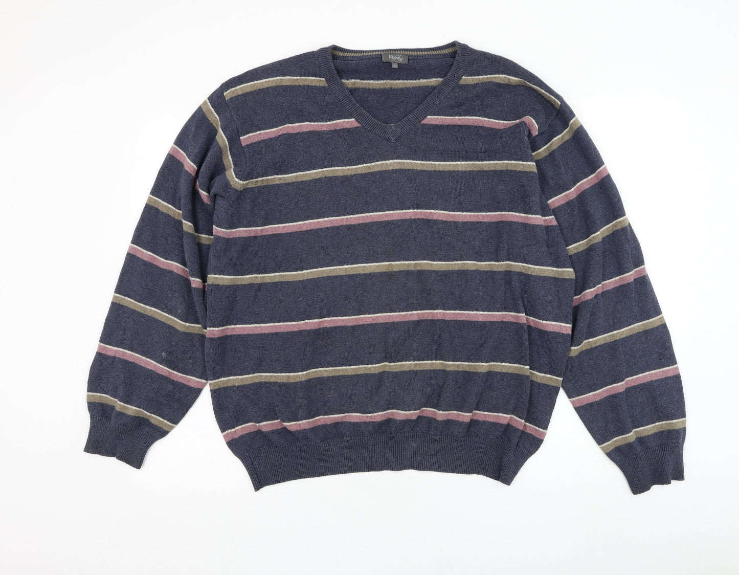 Wolsey Mens Beige V-Neck Striped Cotton Pullover Jumper Size L