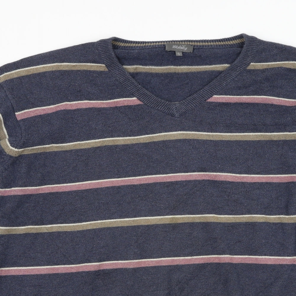 Wolsey Mens Beige V-Neck Striped Cotton Pullover Jumper Size L