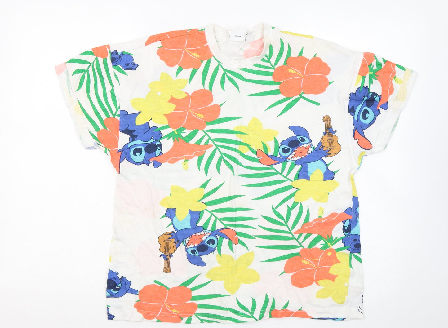 Primark Womens White Geometric Cotton Basic T-Shirt Size 4 Round Neck - Stitch