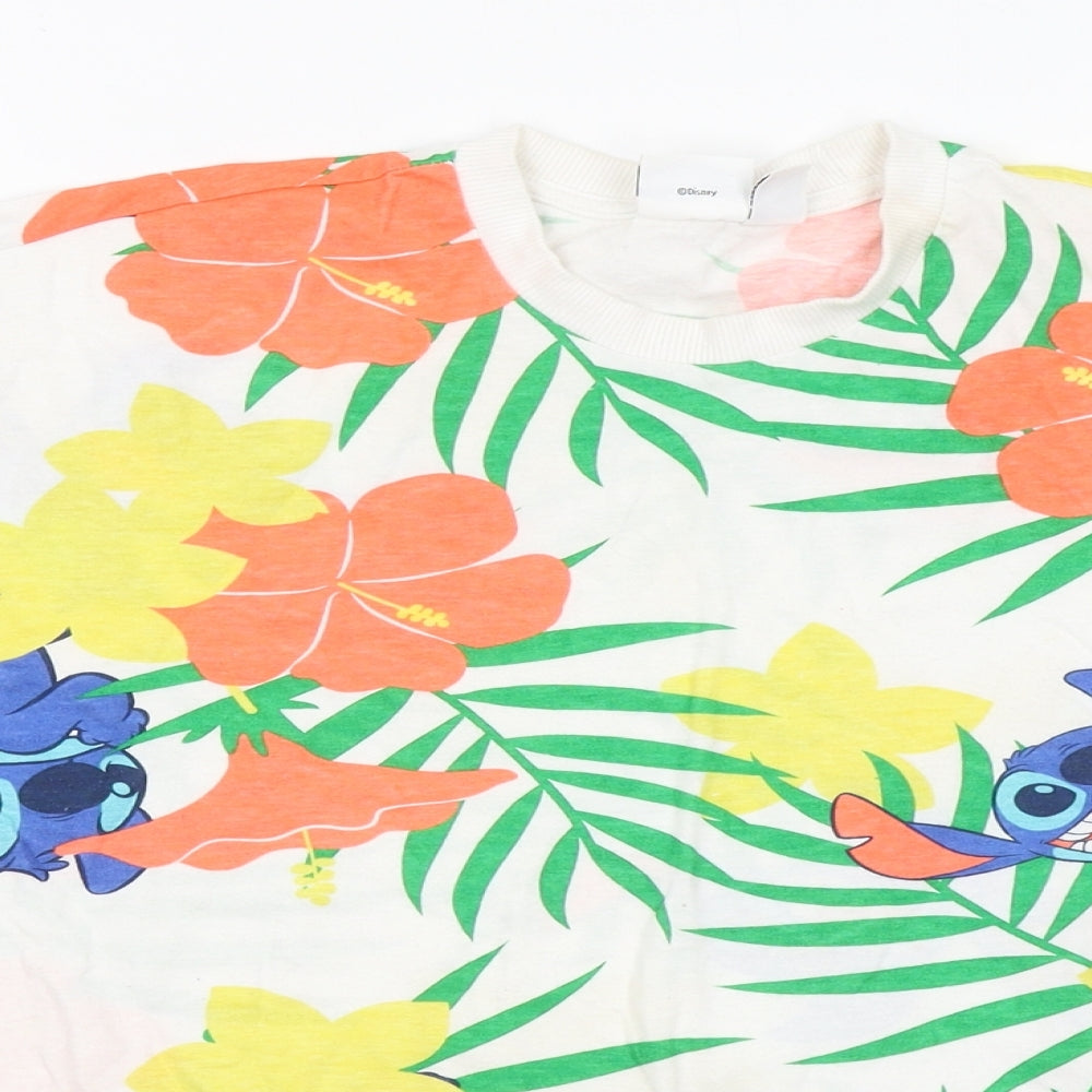 Primark Womens White Geometric Cotton Basic T-Shirt Size 4 Round Neck - Stitch