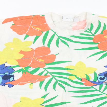 Primark Womens White Geometric Cotton Basic T-Shirt Size 4 Round Neck - Stitch