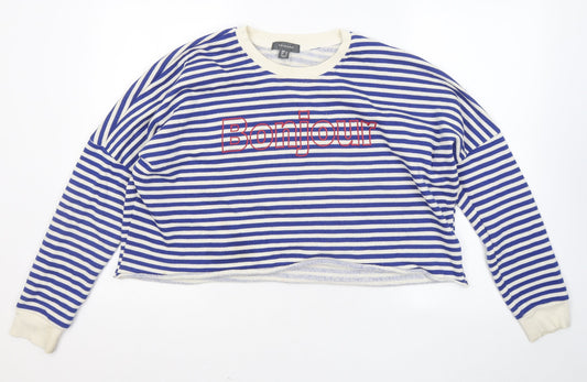Primark Womens Blue Round Neck Striped Cotton Pullover Jumper Size 12 - Bonjour