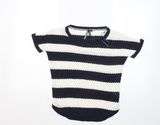 Intuition Womens Blue Round Neck Striped Acrylic Pullover Jumper Size 8