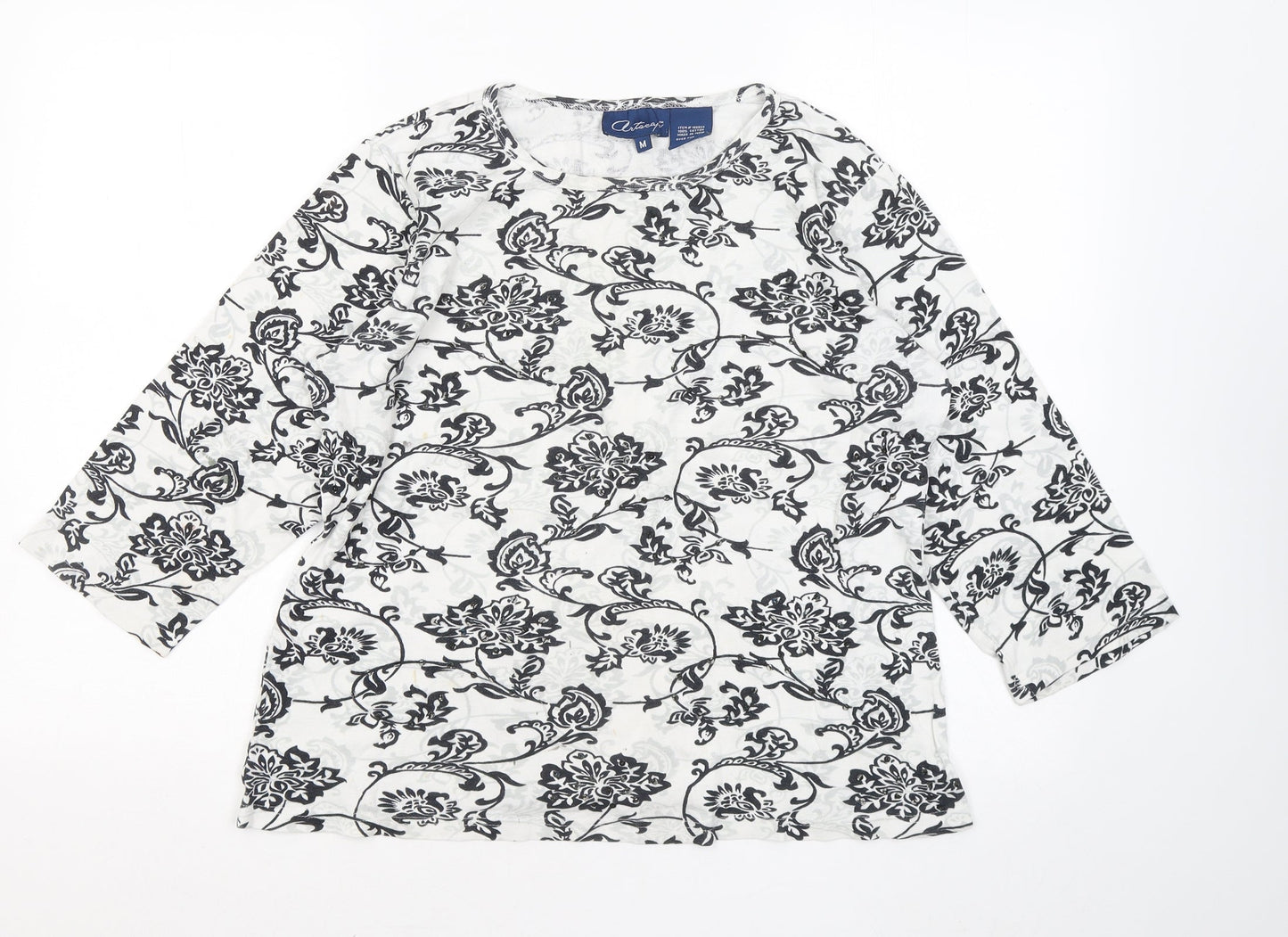 Artscape Womens White Round Neck Floral Cotton Pullover Jumper Size M