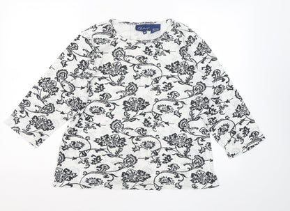 Artscape Womens White Round Neck Floral Cotton Pullover Jumper Size M