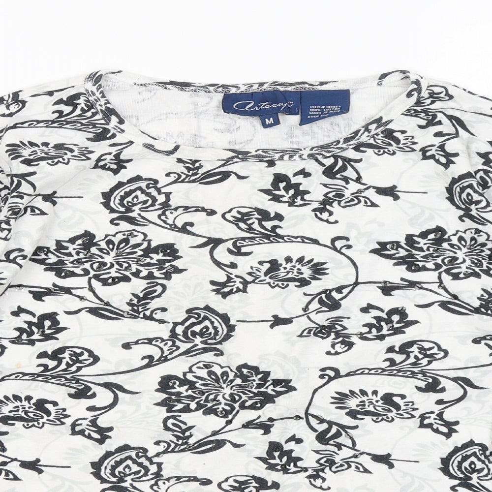 Artscape Womens White Round Neck Floral Cotton Pullover Jumper Size M