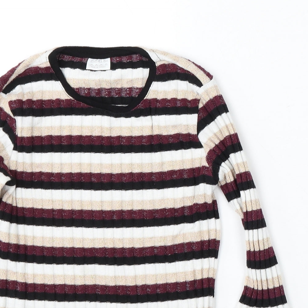 F&F Kids Girls Multicoloured Round Neck Striped Polyester Pullover Jumper Size 10-11 Years