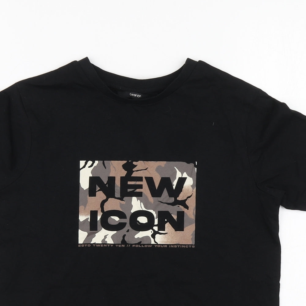 George Boys Black Geometric Cotton Basic T-Shirt Size 9-10 Years Round Neck