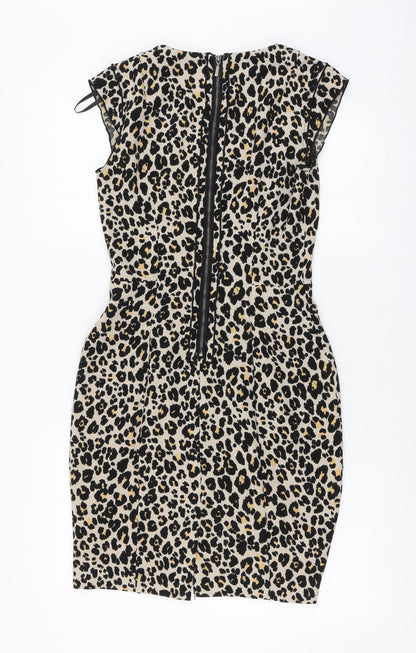 New Look Womens Brown Animal Print Polyester A-Line Size 36 Round Neck