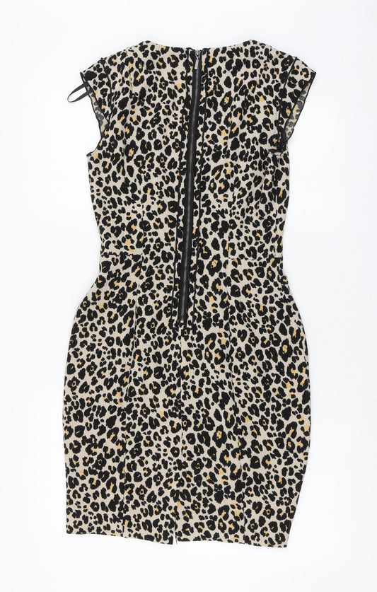 New Look Womens Brown Animal Print Polyester A-Line Size 36 Round Neck