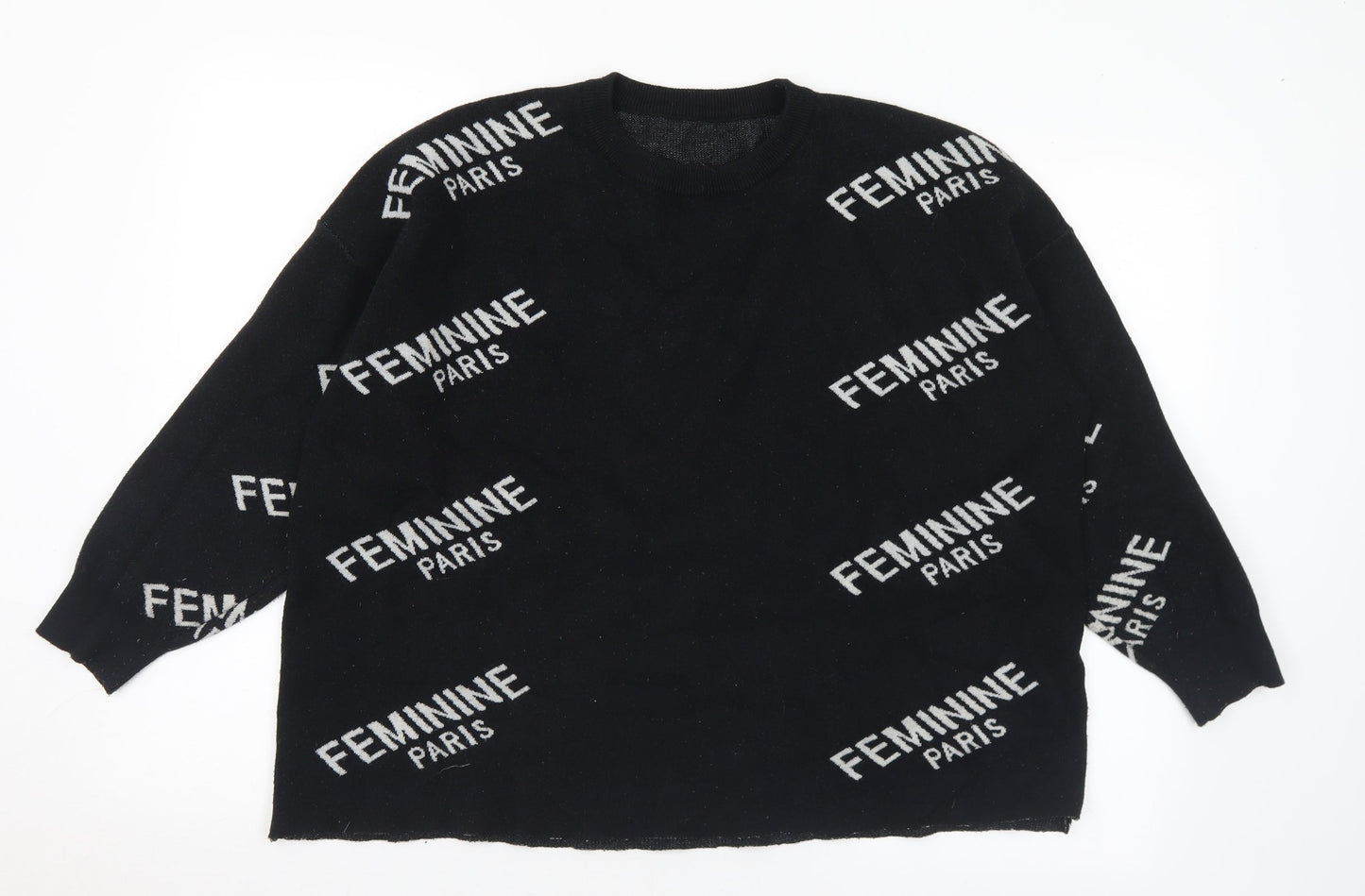 Feminine Paris Womens Black Crew Neck Geometric Acrylic Pullover Jumper Size M