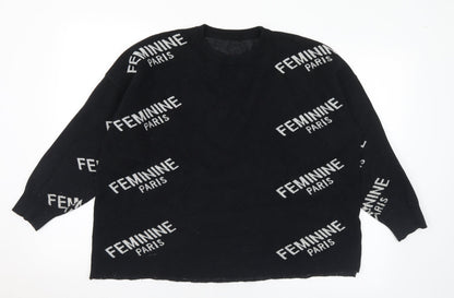 Feminine Paris Womens Black Crew Neck Geometric Acrylic Pullover Jumper Size M