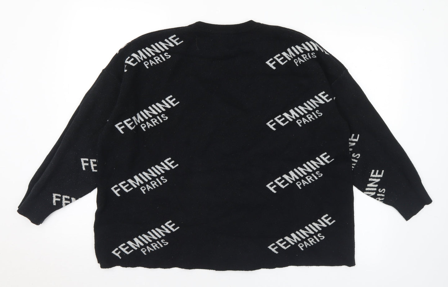 Feminine Paris Womens Black Crew Neck Geometric Acrylic Pullover Jumper Size M