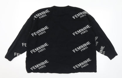 Feminine Paris Womens Black Crew Neck Geometric Acrylic Pullover Jumper Size M