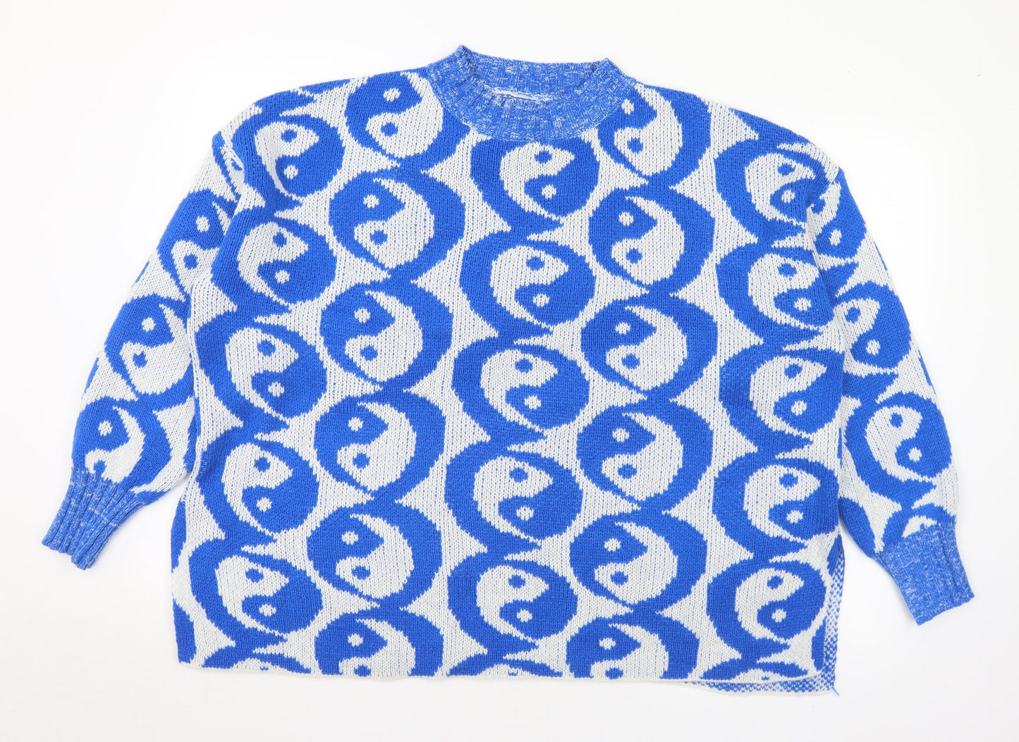 SheIn Womens Blue Mock Neck Geometric Acrylic Henley Jumper Size L - Yin Yang