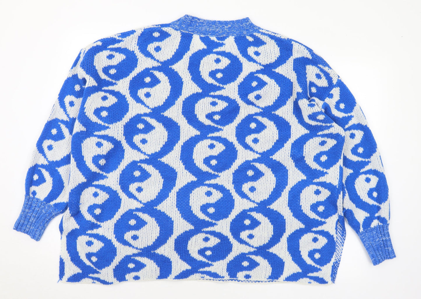 SheIn Womens Blue Mock Neck Geometric Acrylic Henley Jumper Size L - Yin Yang