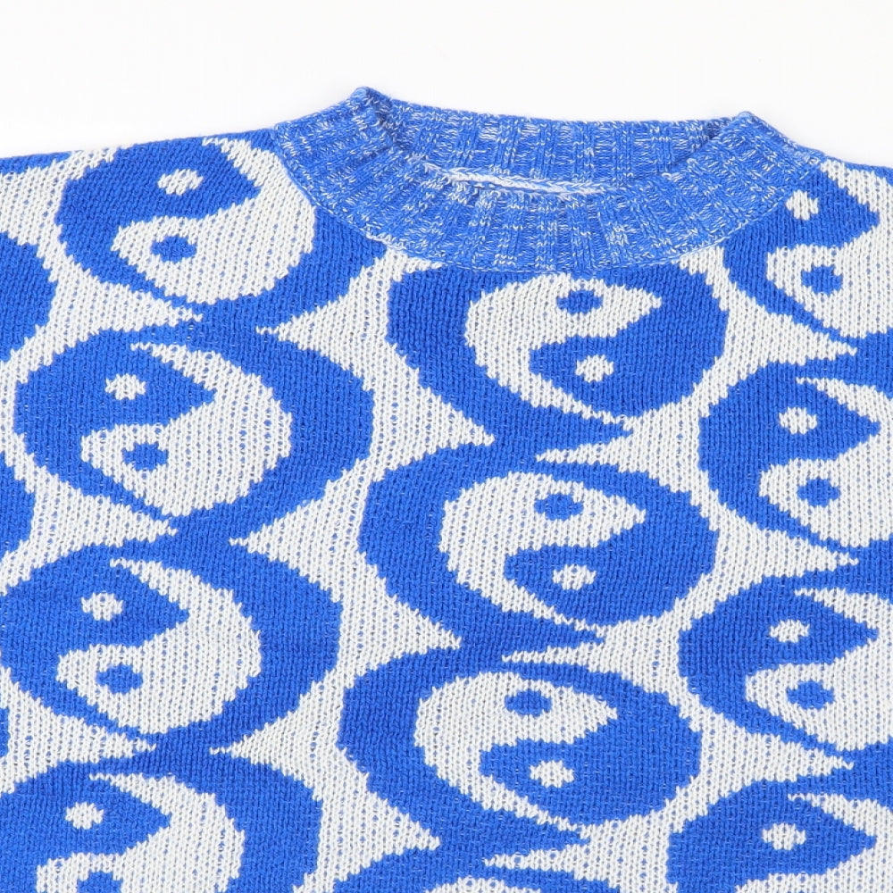 SheIn Womens Blue Mock Neck Geometric Acrylic Henley Jumper Size L - Yin Yang