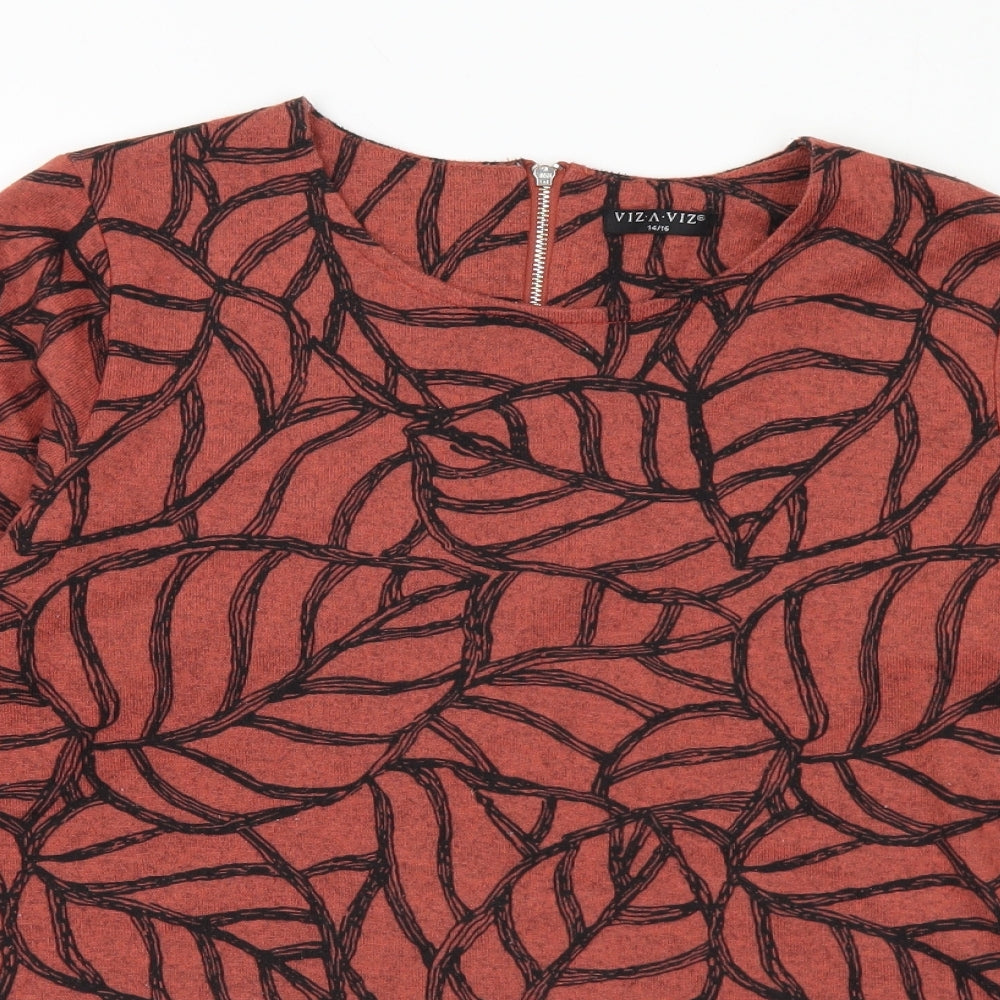 Viz A Viz Womens Brown Round Neck Geometric Polyester Pullover Jumper Size 14 - 14-16