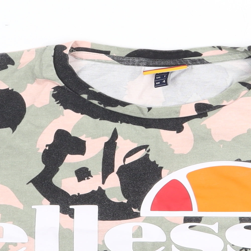 ellesse Womens Green Camouflage 100% Cotton Cropped T-Shirt Size 4 Crew Neck