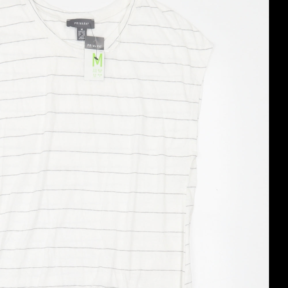 Primark Womens White Striped Polyester Tunic T-Shirt Size M Crew Neck