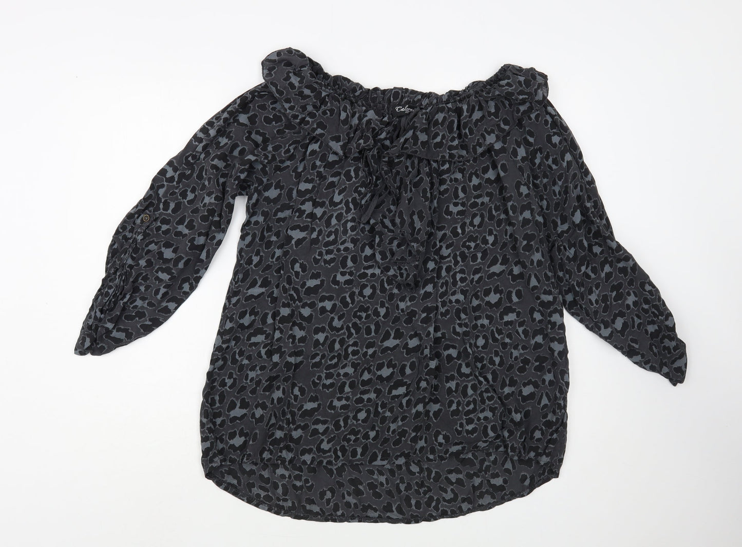 Calzonie Womens Grey Animal Print Viscose Basic Blouse Size L Off the Shoulder