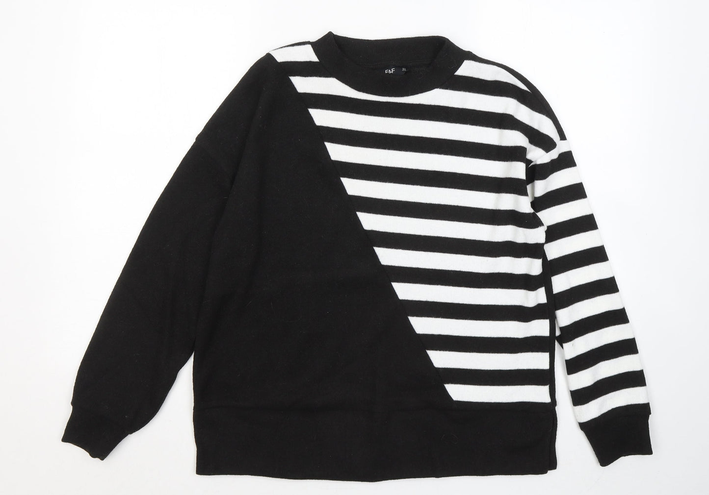 F&F Womens Black Round Neck Striped Polyester Pullover Jumper Size S