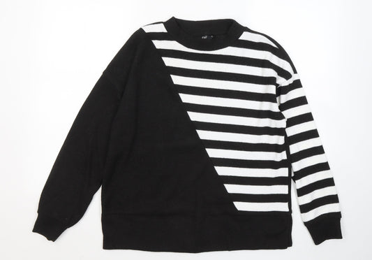 F&F Womens Black Round Neck Striped Polyester Pullover Jumper Size S