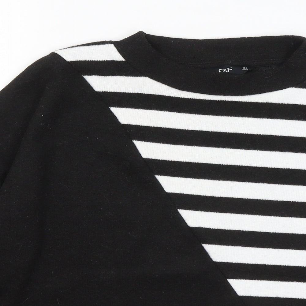 F&F Womens Black Round Neck Striped Polyester Pullover Jumper Size S