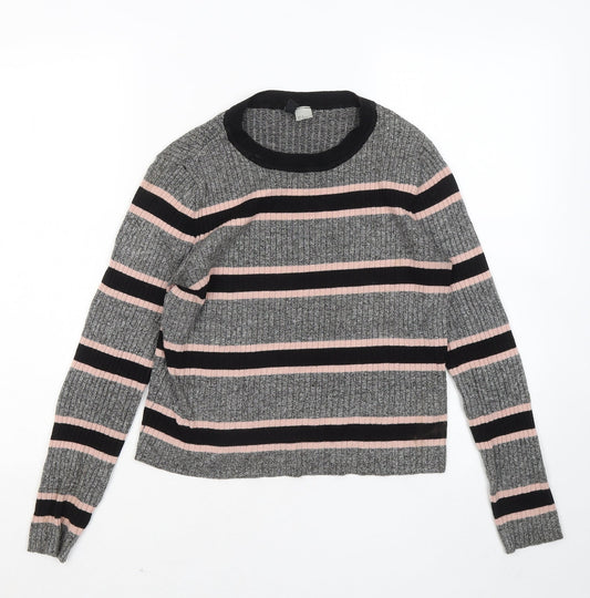 Divided by H&M Womens Grey Round Neck Striped Viscose Pullover Jumper Size M