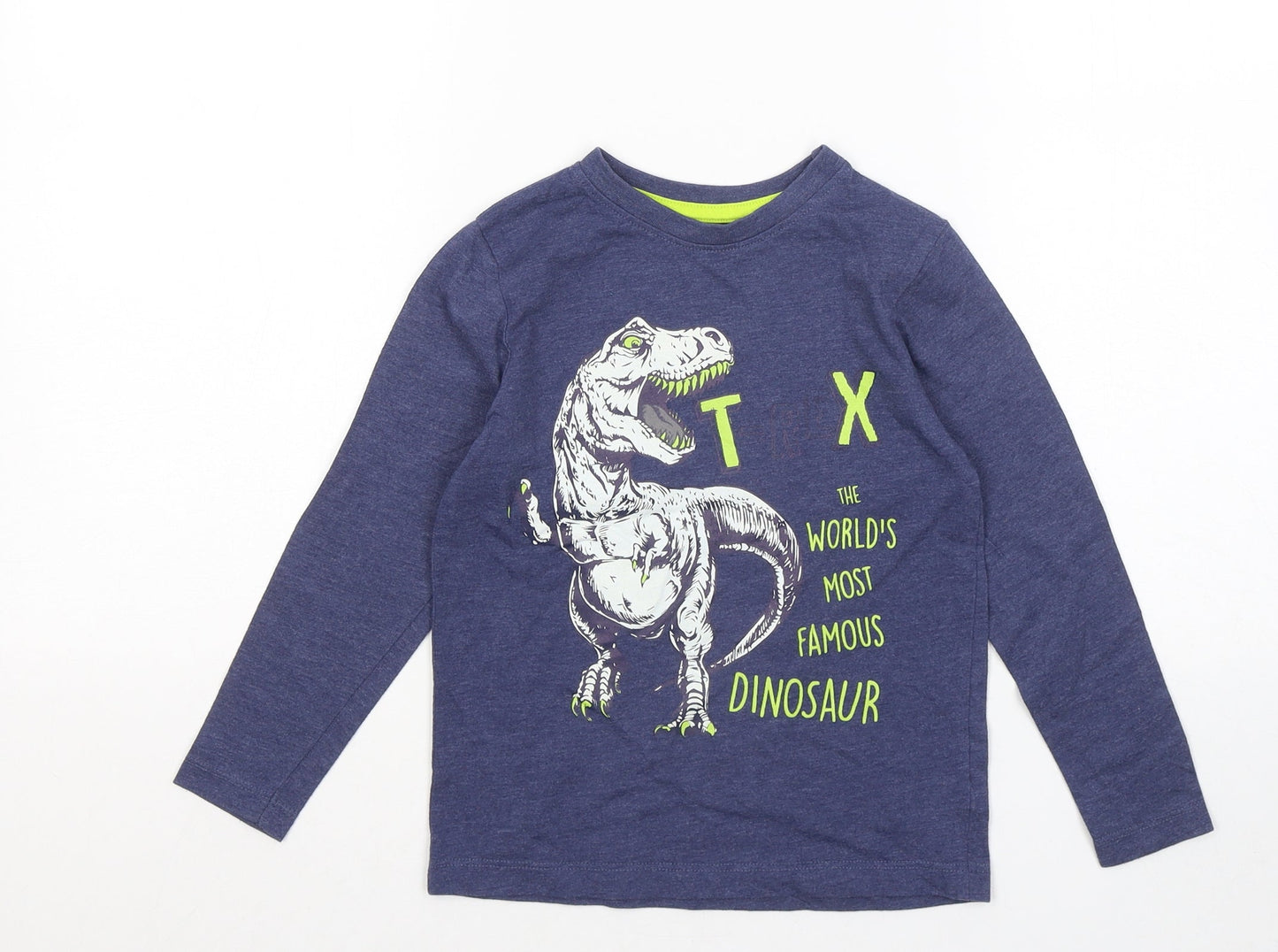 Dunnes Stores Boys Blue Cotton Basic T-Shirt Size 5 Years Round Neck - T Rex Dinasour Graphic