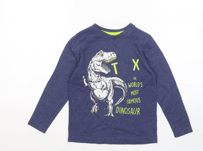 Dunnes Stores Boys Blue Cotton Basic T-Shirt Size 5 Years Round Neck - T Rex Dinasour Graphic